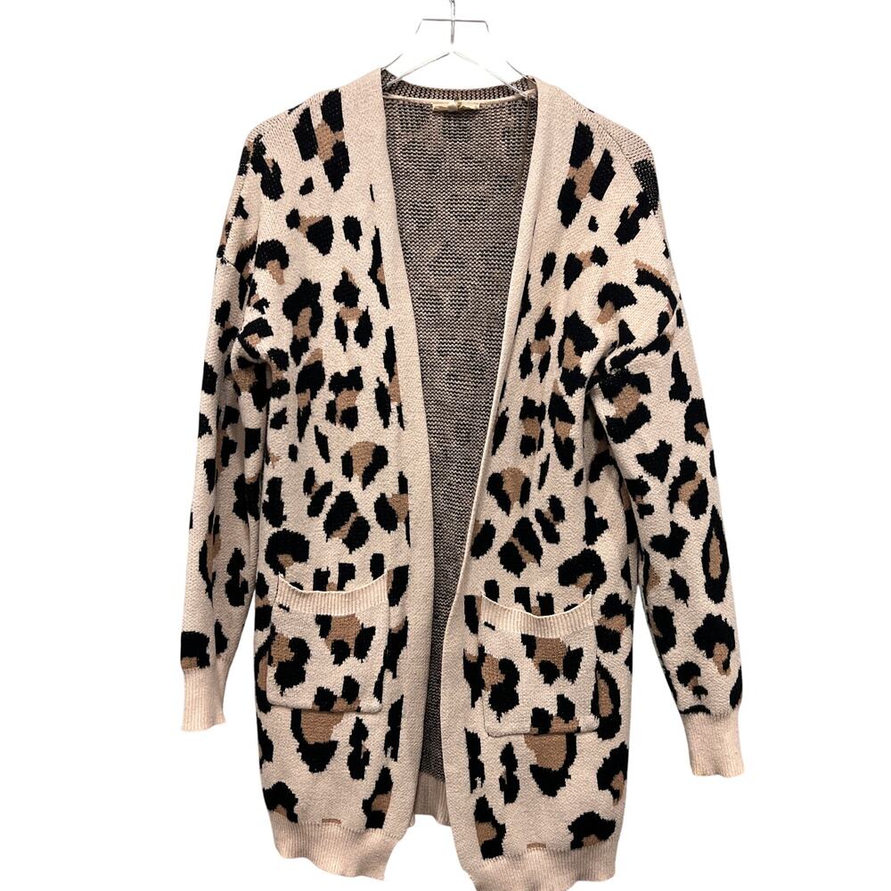 ENTRO Leopard Print Open Front Long Cardigan Neutral Knit Pockets Size M Anthro